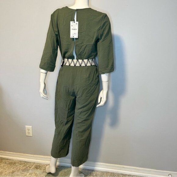 New With Tag Zara Belted Straight Leg Jumpsuit Khaki Size S - Picture 12 of 13